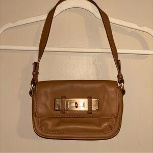 Talbots Tan Leather Mini Baguette Shoulder Bag with Turnlock Closure